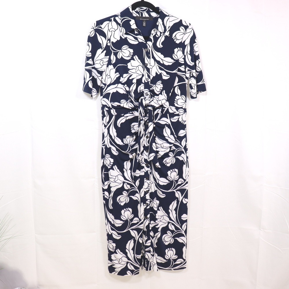 White House Black Market Midi Dress 8 Blue Womens Floral Tie Waist Sheath